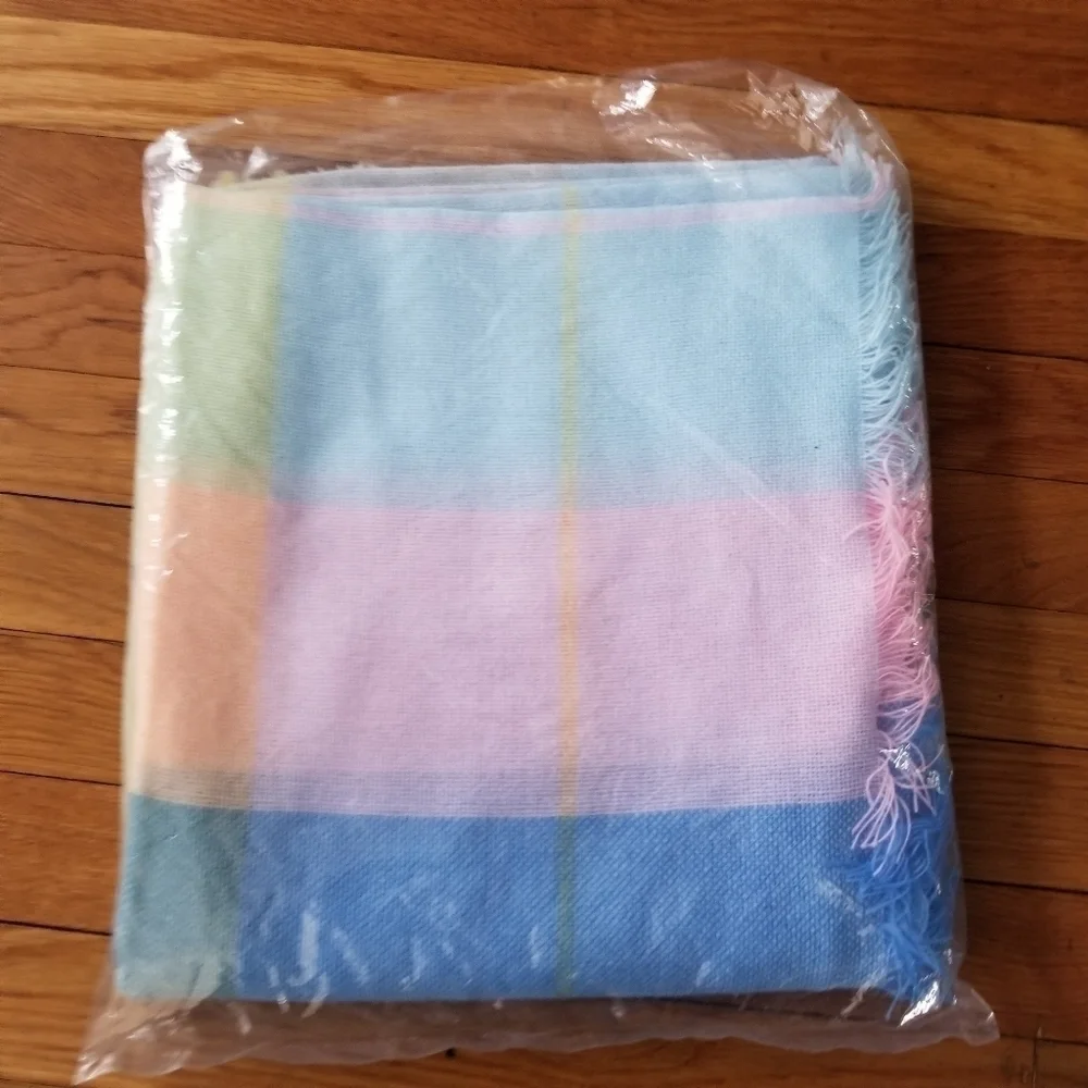 Vintage Ombre Stripe Acrylic Fringe Baby Blanket Pastel Pink Blue NOS Soft Girl